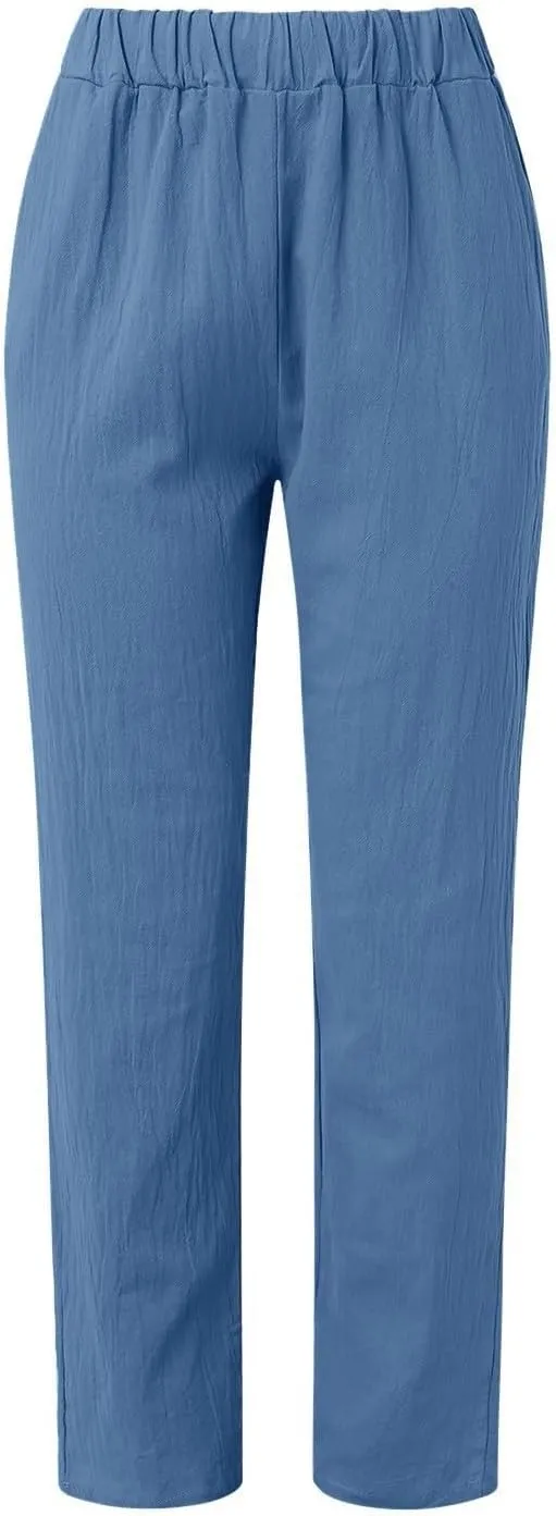 Women Linen Palazzo Pants Elastic Waist Side Back Four Pockets 9/10 Pants Gingham Casual Striped Slacks Beach