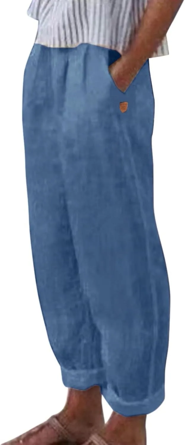 Women Linen Palazzo Pants Elastic Waist Side Back Four Pockets 9/10 Pants Gingham Casual Striped Slacks Beach