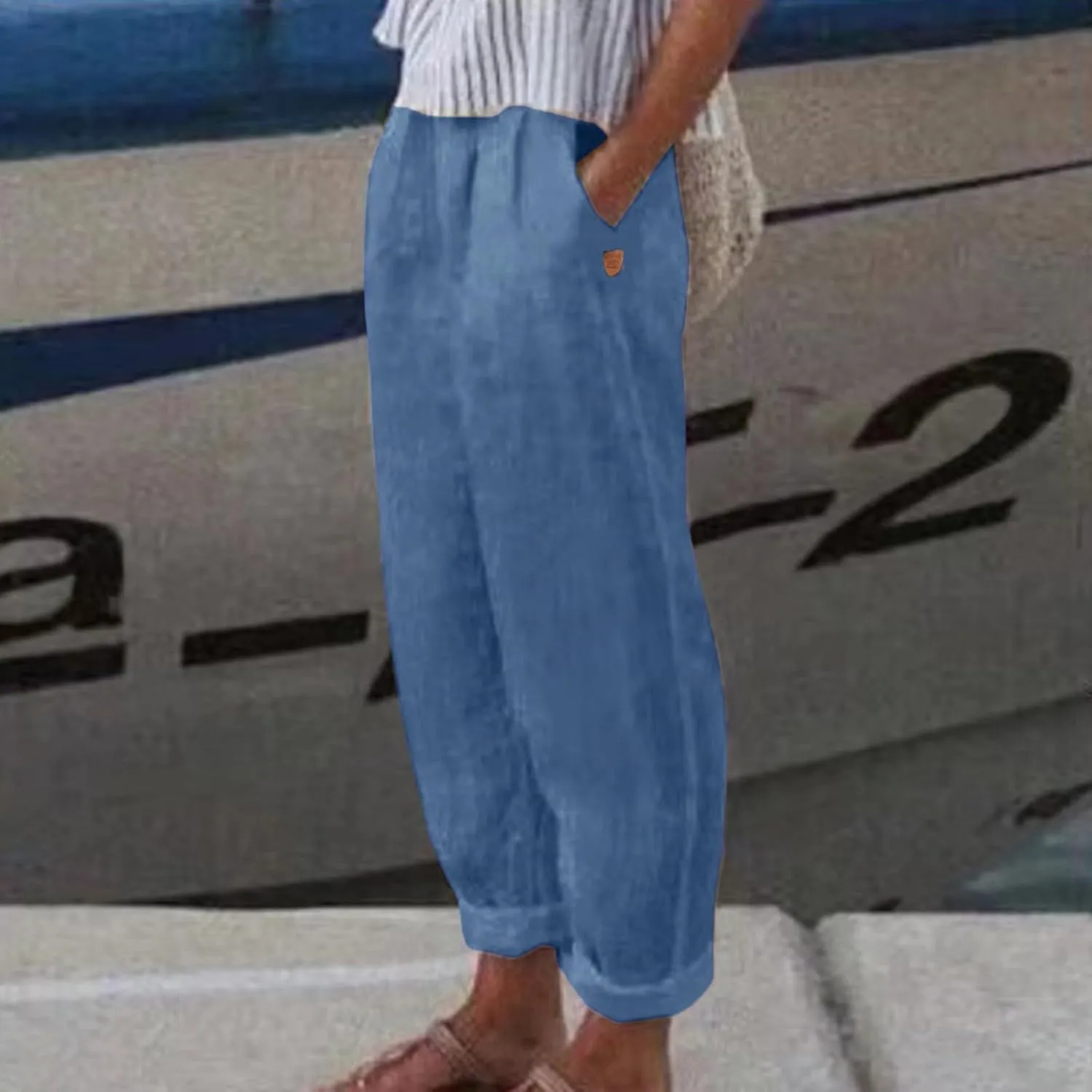 Women Linen Palazzo Pants Elastic Waist Side Back Four Pockets 9/10 Pants Gingham Casual Striped Slacks Beach