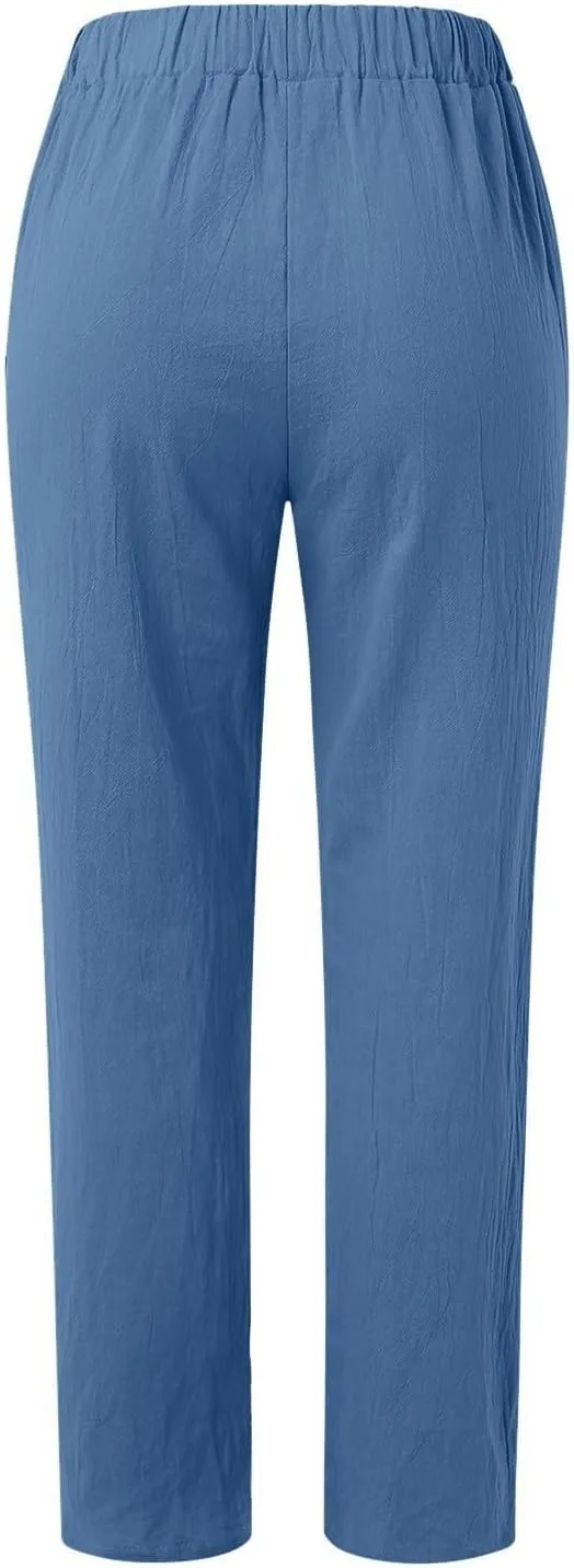 Women Linen Palazzo Pants Elastic Waist Side Back Four Pockets 9/10 Pants Gingham Casual Striped Slacks Beach