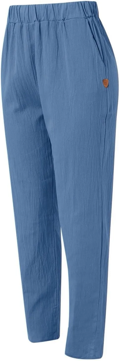 Women Linen Palazzo Pants Elastic Waist Side Back Four Pockets 9/10 Pants Gingham Casual Striped Slacks Beach
