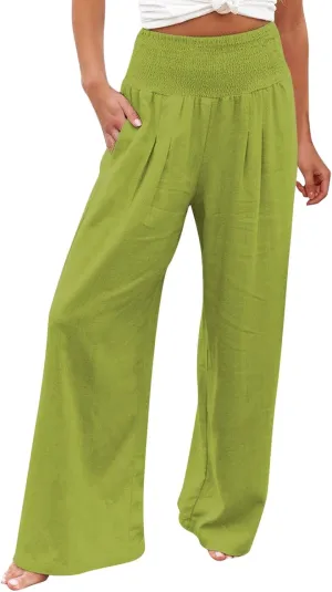 Women Linen Palazzo Pants Summer Boho Wide Leg High Waist Casual Lounge Pant 2025 Trendy Beach Travel Trousers