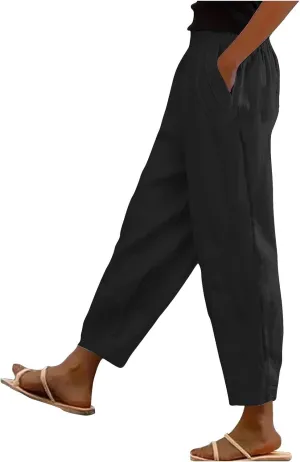 Women Linen Pants Casual Loose High Waisted Baggy Cropped Ankle Length Summer Baggy Lounge Trouser Slacks with Pocket