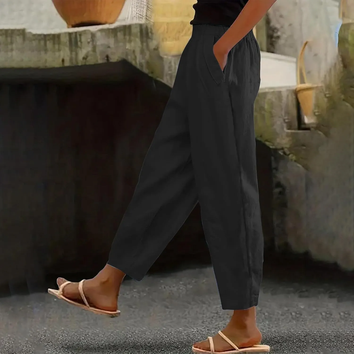 Women Linen Pants Casual Loose High Waisted Baggy Cropped Ankle Length Summer Baggy Lounge Trouser Slacks with Pocket