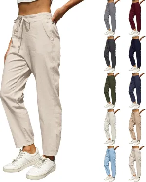 Women Linen Pants Joggers, Casual Lightweight Lounge Pants 2025 Cotton Linen Travel Beach Summer Trouser with Pockets