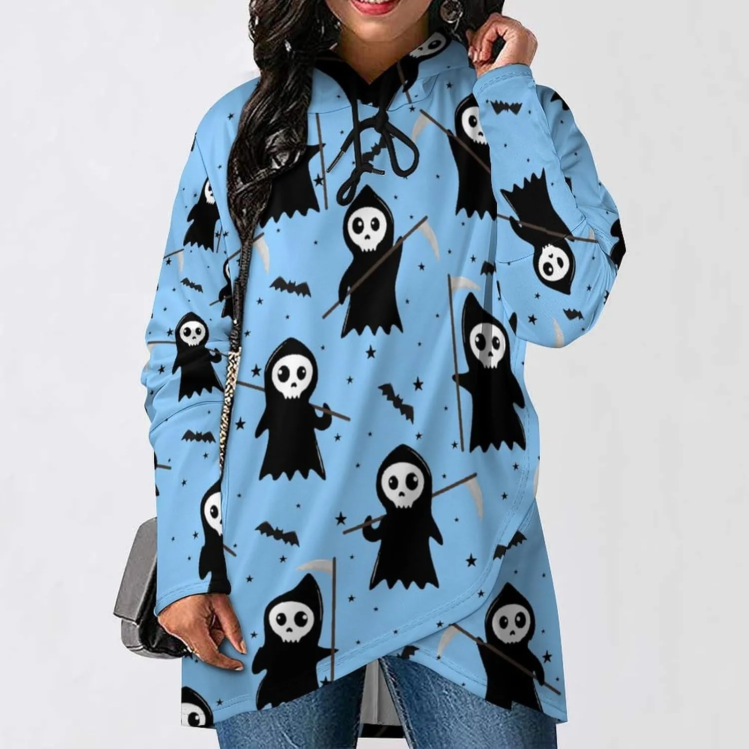 Women Long-sleeve Cloak Style Halloween Death Sweatshirt Layered Fantasy Loose Fit