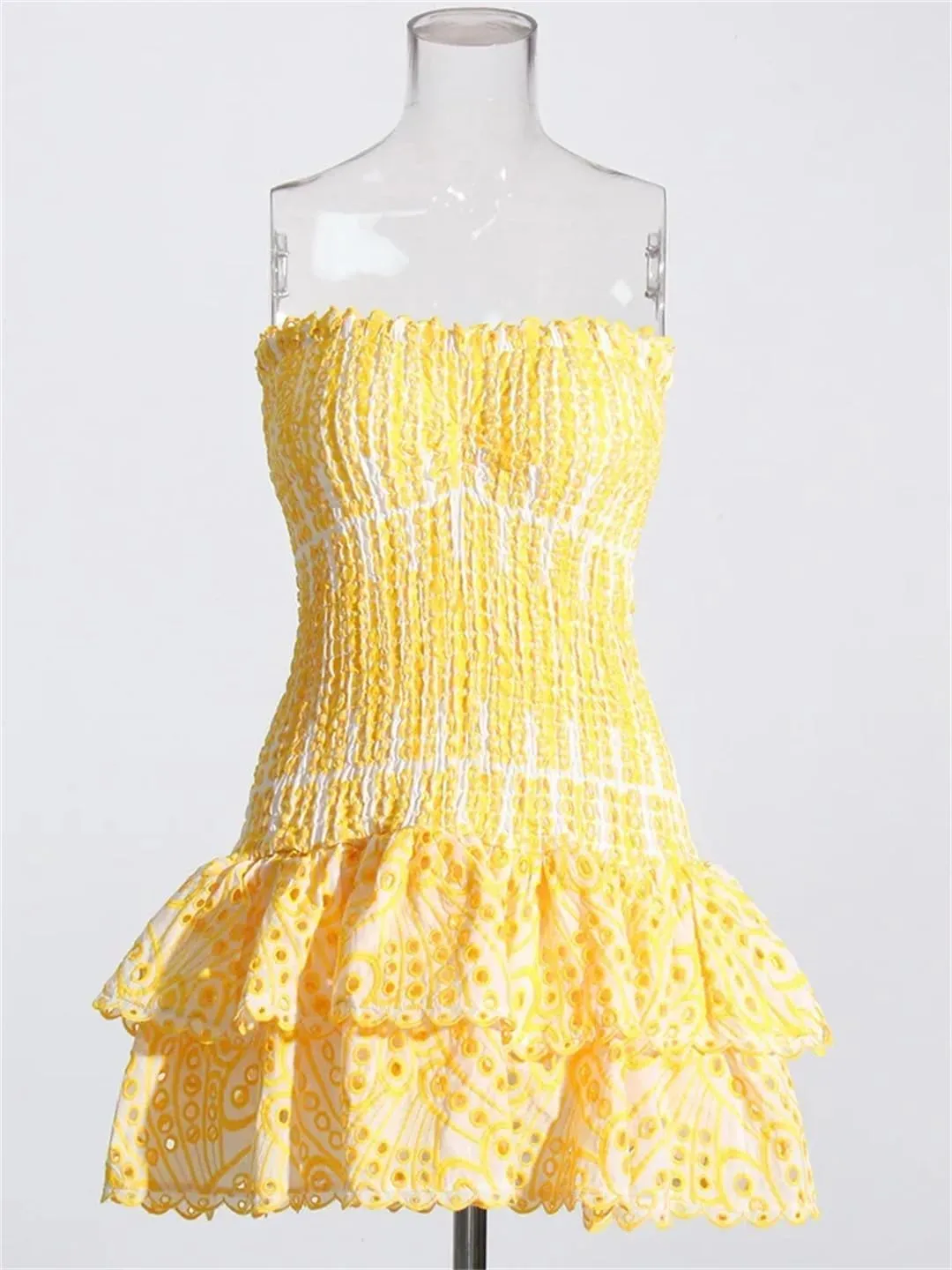 Women Sexy Contrast Color Hollow Out Mini Dress Strapless Sleeveless Backless High Waist Spliced Ruffle Slim Dress