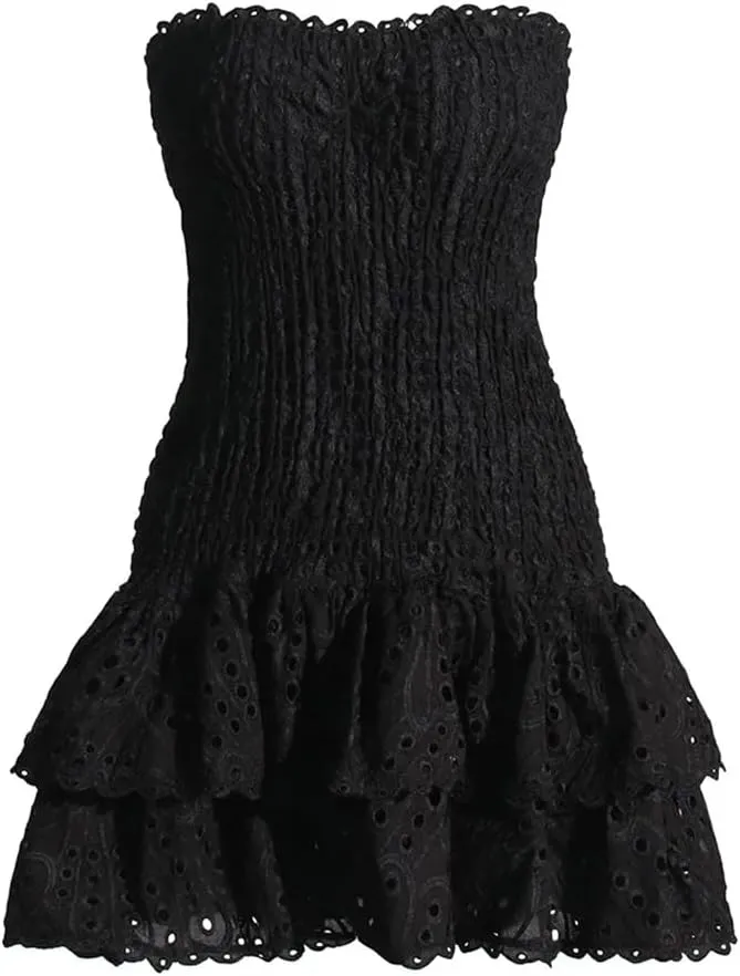 Women Sexy Contrast Color Hollow Out Mini Dress Strapless Sleeveless Backless High Waist Spliced Ruffle Slim Dress