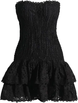 Women Sexy Contrast Color Hollow Out Mini Dress Strapless Sleeveless Backless High Waist Spliced Ruffle Slim Dress