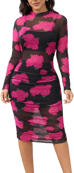 Women Sexy See Through Mesh Long Sleeve Ruched Midi Dresses Crop Top Bodycon Skirt 3 Piece Outfits Set Clubwear
