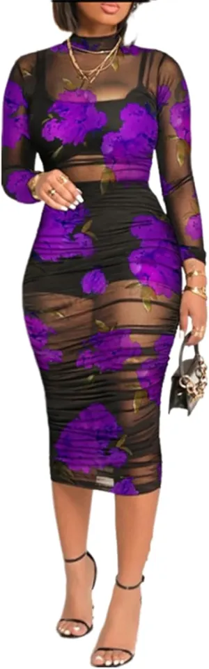 Women Sexy See Through Sheer Mesh Bodycon Midi Dress Long Sleeve Shorts 3 Piece Outfits Set Floral Print Cover Up