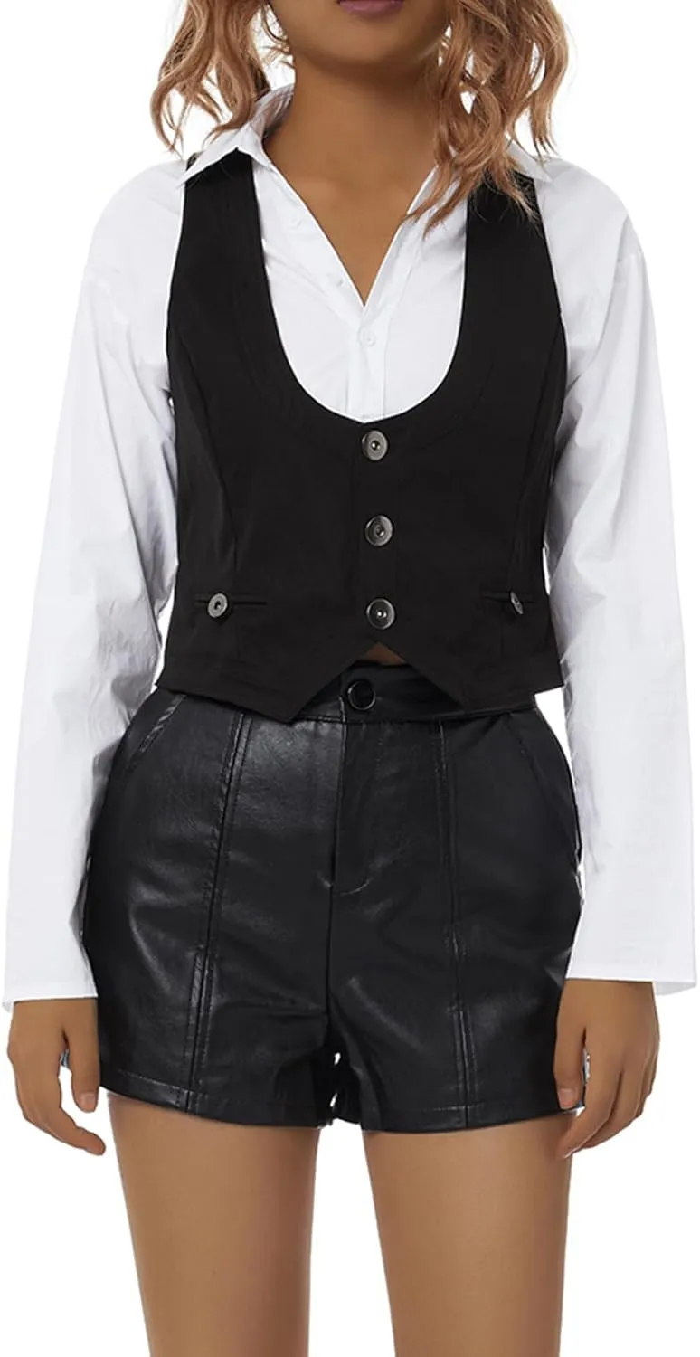 Women Sexy Slim Fit Vintage Button Sleeveless Suit V Neck Halter Jacket Tuxedo Vader Blazer