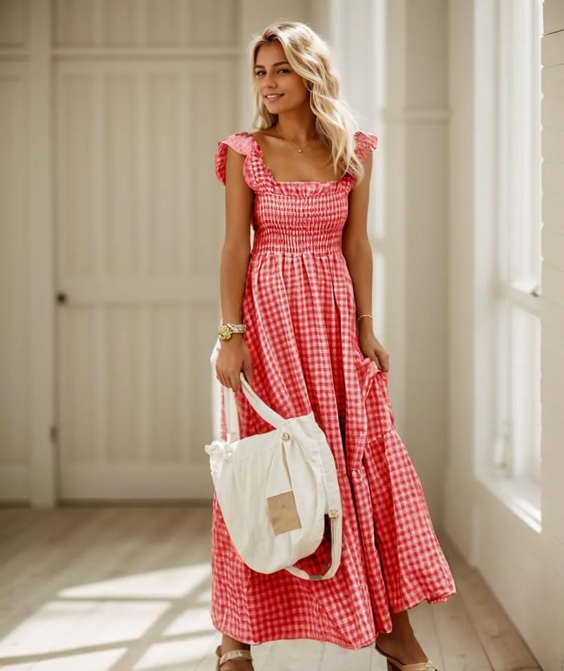 Women Summer Boho Plaid Sleeveless Maxi Dress Casual Square Neck Ruffle Flowy Shift Dress Loose Beach Sundress