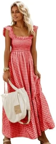 Women Summer Boho Plaid Sleeveless Maxi Dress Casual Square Neck Ruffle Flowy Shift Dress Loose Beach Sundress