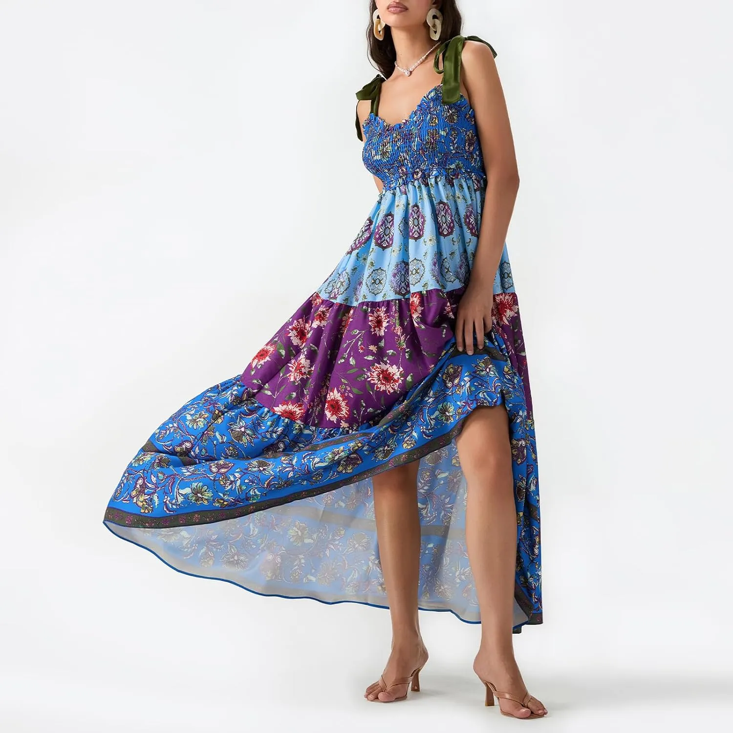 Women Summer Boho Tie Shoulder Dress Floral Smocked Flowy Tiered Maxi Dress Ruffle Going Out Beach Sundress