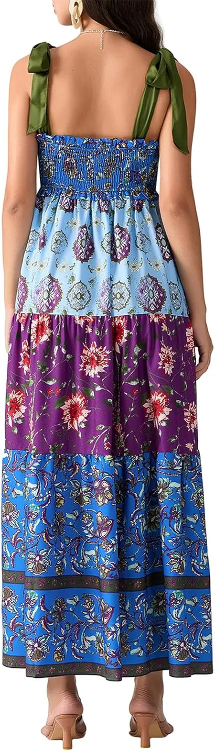 Women Summer Boho Tie Shoulder Dress Floral Smocked Flowy Tiered Maxi Dress Ruffle Going Out Beach Sundress