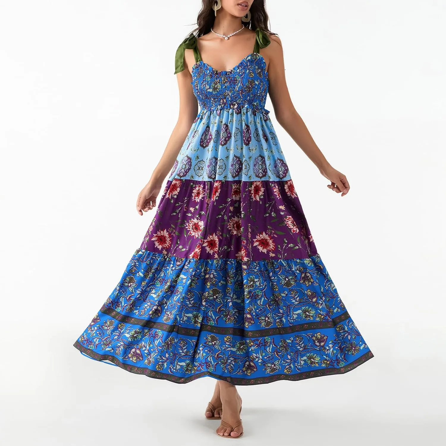 Women Summer Boho Tie Shoulder Dress Floral Smocked Flowy Tiered Maxi Dress Ruffle Going Out Beach Sundress