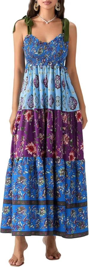 Women Summer Boho Tie Shoulder Dress Floral Smocked Flowy Tiered Maxi Dress Ruffle Going Out Beach Sundress
