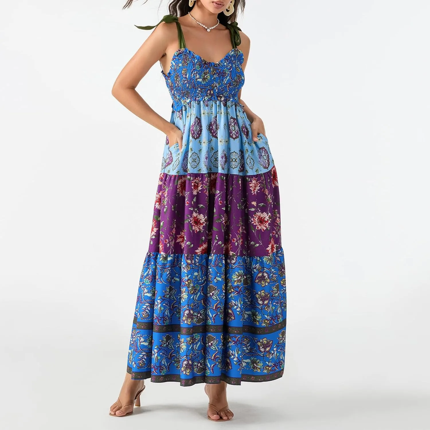 Women Summer Boho Tie Shoulder Dress Floral Smocked Flowy Tiered Maxi Dress Ruffle Going Out Beach Sundress