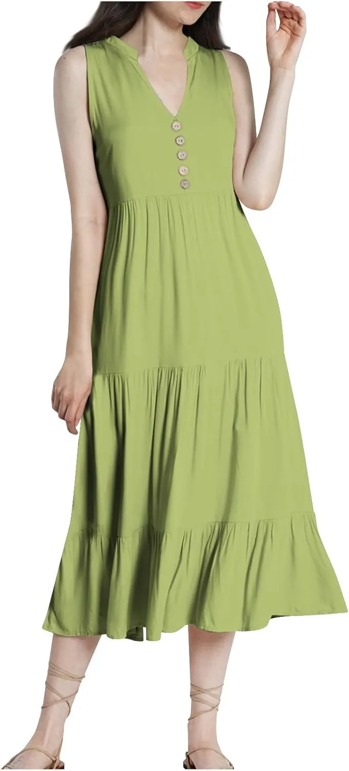 Women Summer Casual Sleeveless Midi Sundress Button Fit & Flare A-Line Flowy Ruffle Long Dresses 2024 Beach Dress