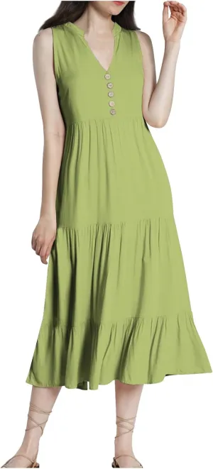 Women Summer Casual Sleeveless Midi Sundress Button Fit & Flare A-Line Flowy Ruffle Long Dresses 2024 Beach Dress