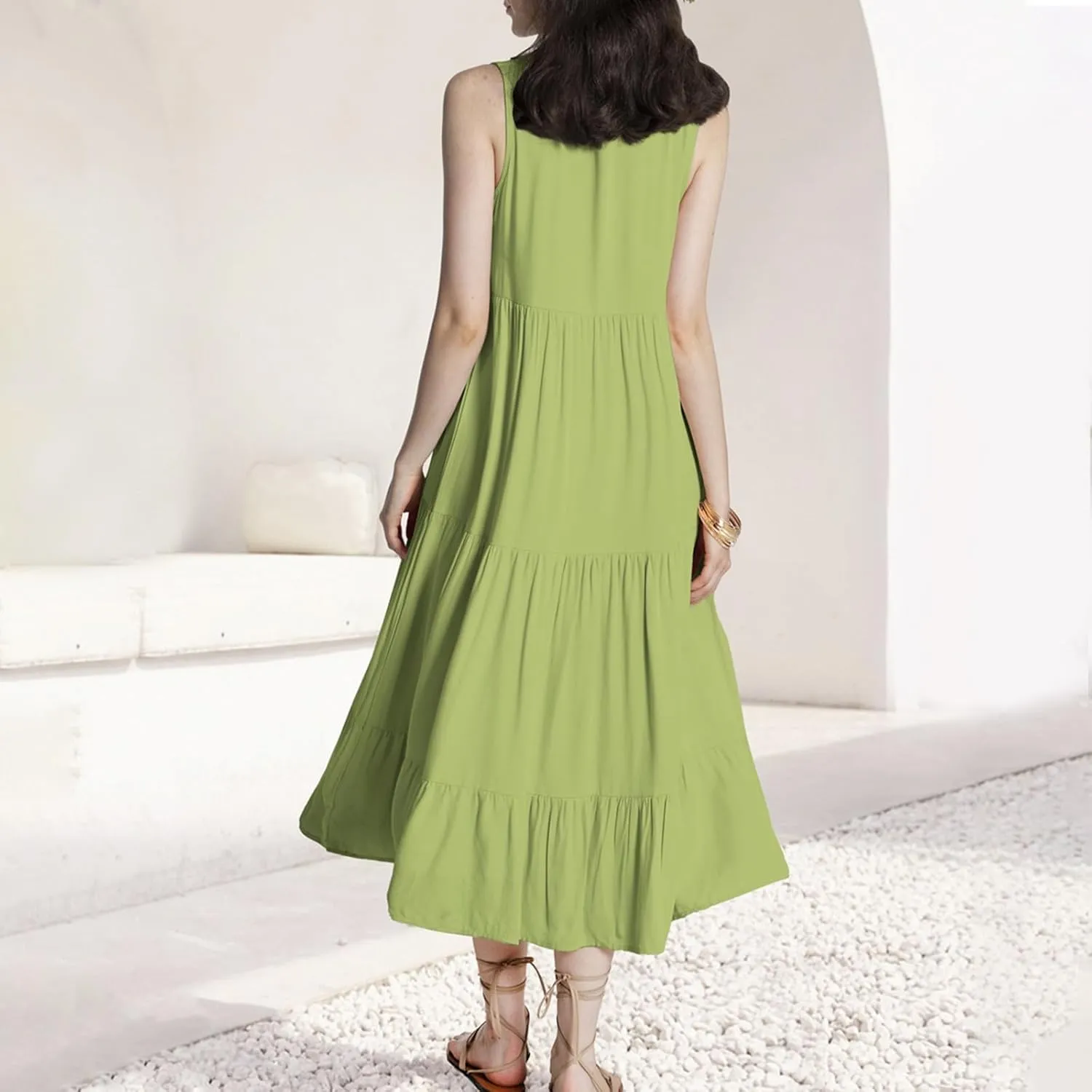 Women Summer Casual Sleeveless Midi Sundress Button Fit & Flare A-Line Flowy Ruffle Long Dresses 2024 Beach Dress