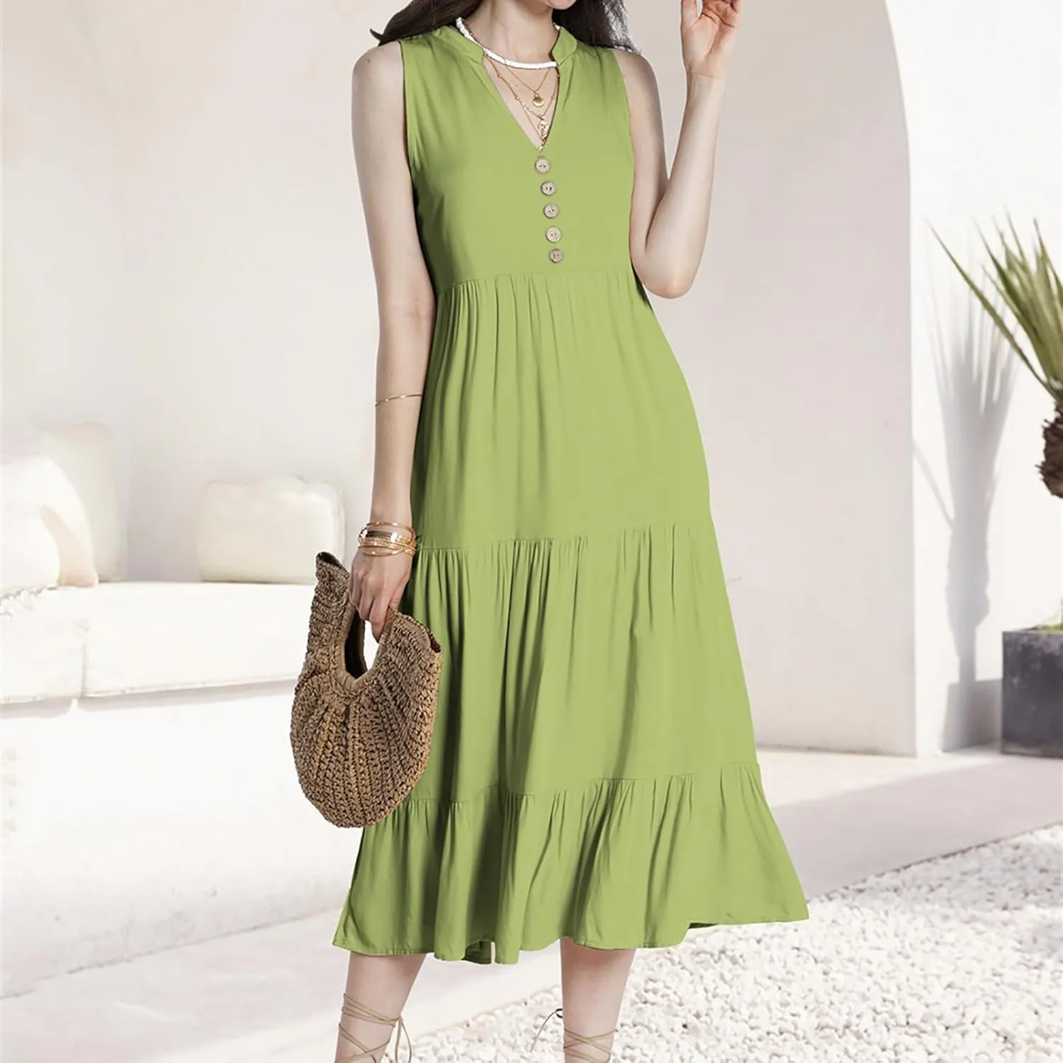 Women Summer Casual Sleeveless Midi Sundress Button Fit & Flare A-Line Flowy Ruffle Long Dresses 2024 Beach Dress