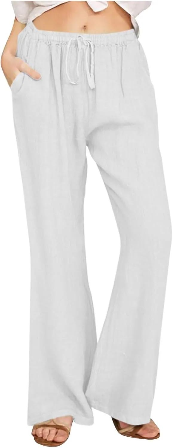 Women Summer High Waist Baggy Pants Loose Fit Cotton Linen Home Pants Casual Solid Elastic Waist Bell Bottom Trouser