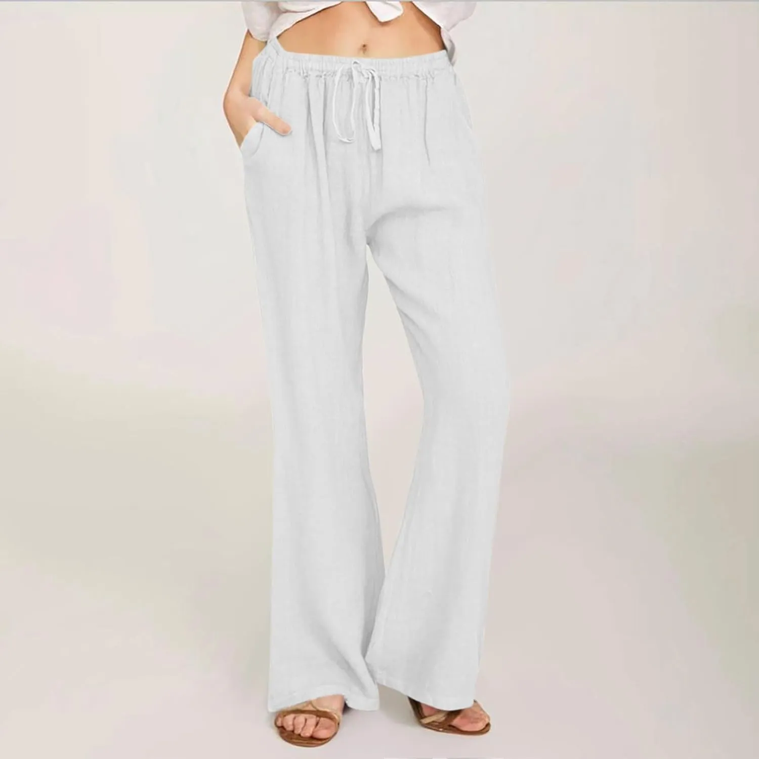 Women Summer High Waist Baggy Pants Loose Fit Cotton Linen Home Pants Casual Solid Elastic Waist Bell Bottom Trouser