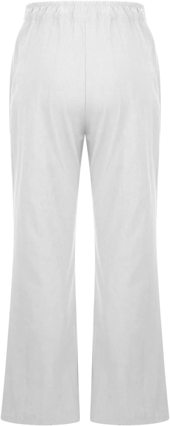 Women Summer High Waist Baggy Pants Loose Fit Cotton Linen Home Pants Casual Solid Elastic Waist Bell Bottom Trouser