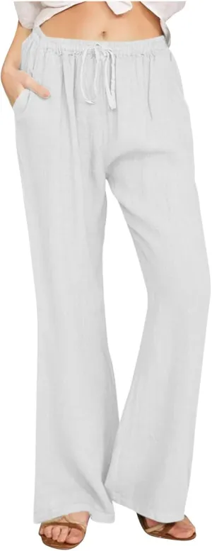 Women Summer High Waist Baggy Pants Loose Fit Cotton Linen Home Pants Casual Solid Elastic Waist Bell Bottom Trouser