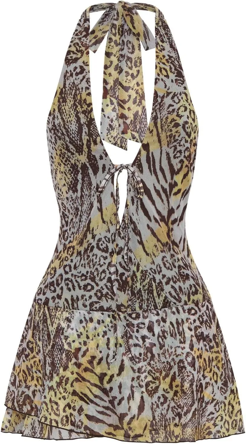 Women Summer Mesh Mini Dress Sexy Halter V Neck Backless Short Dress A Line Going Out Party Cocktail Dresses