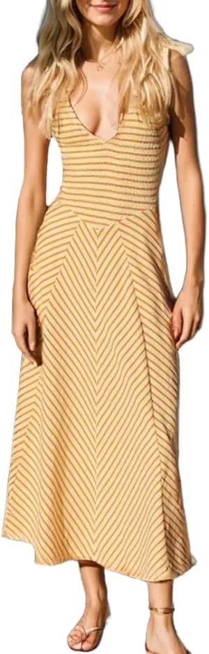Women Tie Shoulder Striped Maxi Dress Summer Casual Sleeveless Smocked V Neck Beach Flowy Long Dress with Pocket