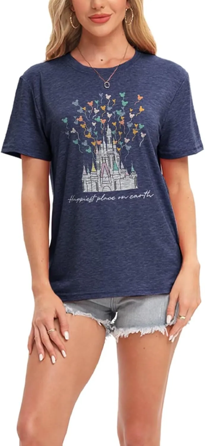Women Vintage Magic Kingdom Shirt Happiest Place On Earth T-Shirt Castle Casual Short Sleeve Vacation Tops