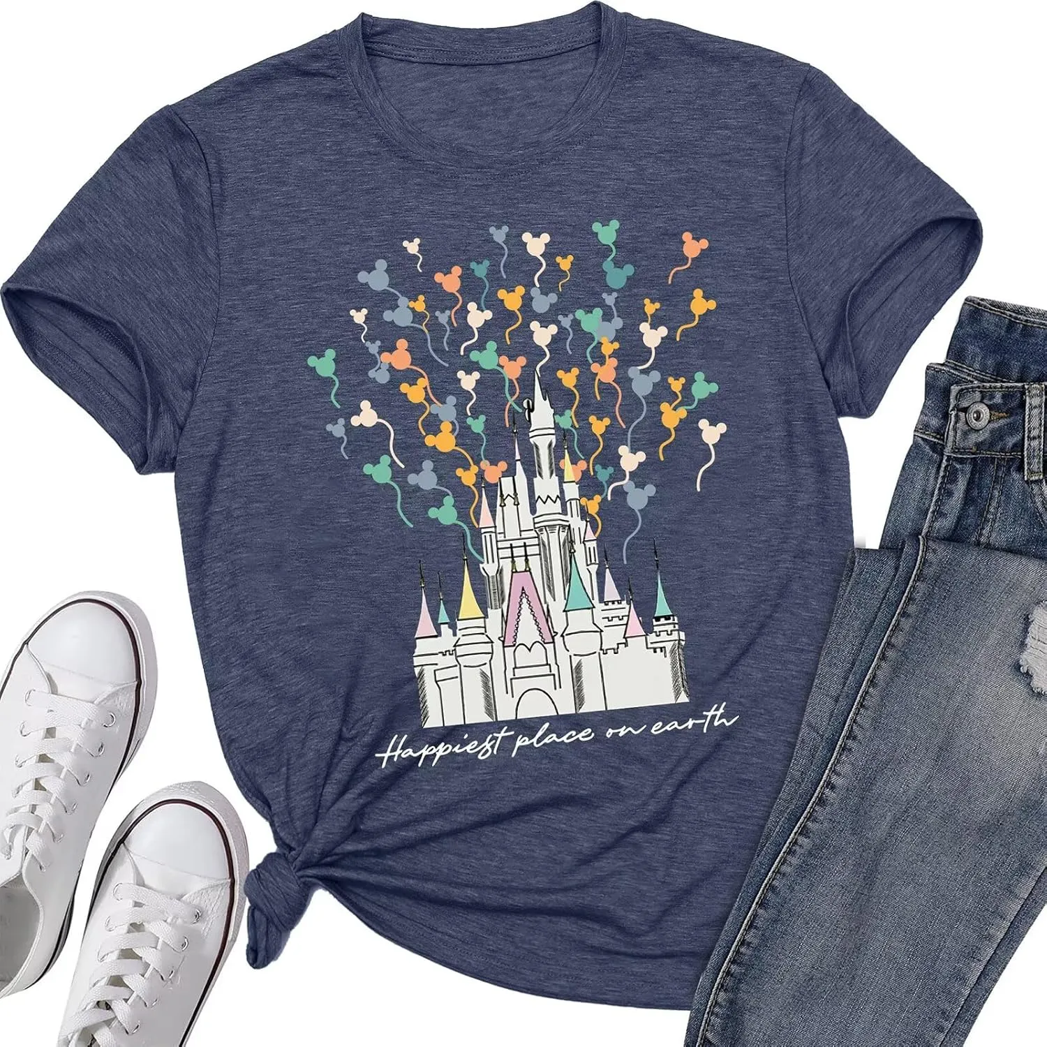 Women Vintage Magic Kingdom Shirt Happiest Place On Earth T-Shirt Castle Casual Short Sleeve Vacation Tops