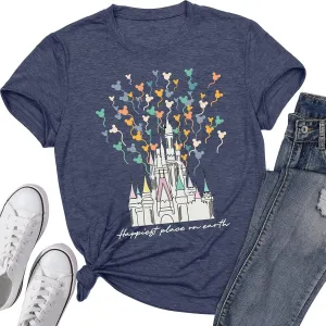 Women Vintage Magic Kingdom Shirt Happiest Place On Earth T-Shirt Castle Casual Short Sleeve Vacation Tops
