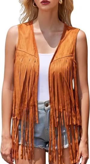 Women Western Black Fringe Vest Brown Cowgirl Sleeveless Faux Suede Tassel Vest 70s