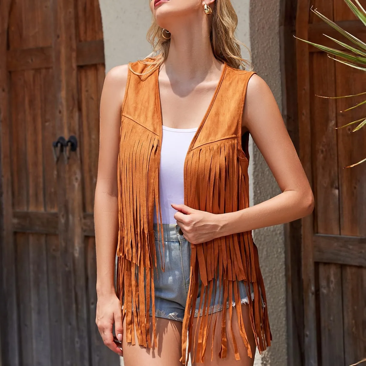 Women Western Black Fringe Vest Brown Cowgirl Sleeveless Faux Suede Tassel Vest 70s