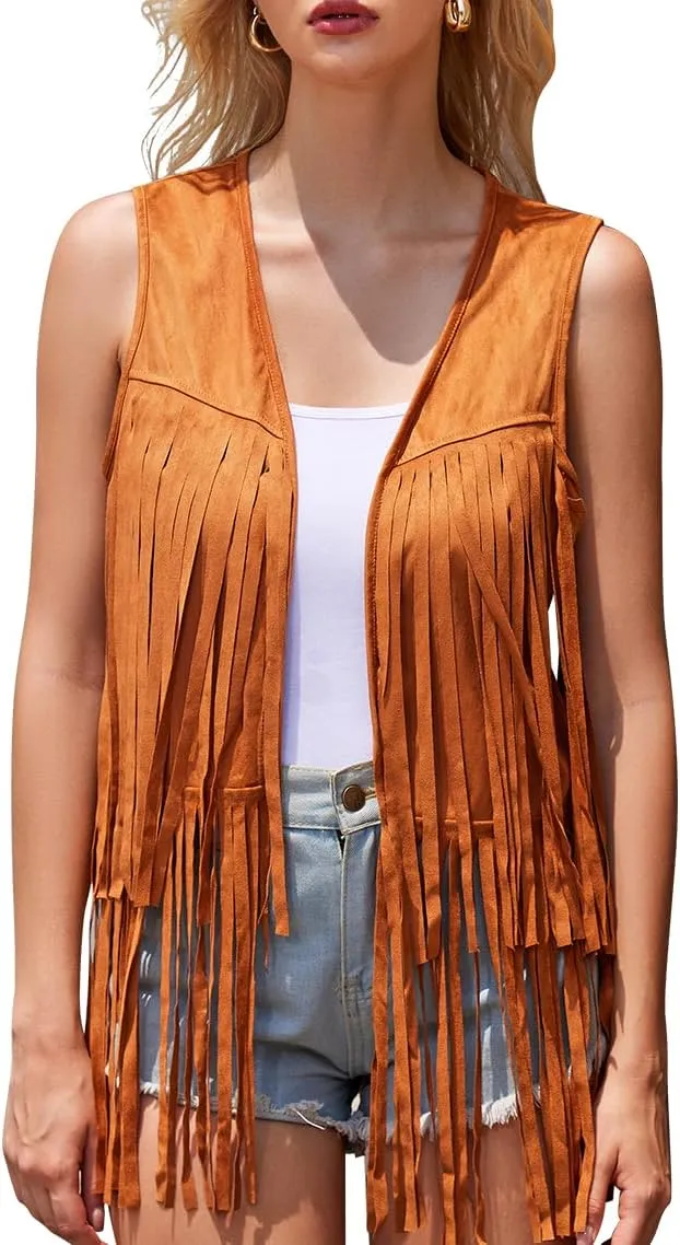 Women Western Black Fringe Vest Brown Cowgirl Sleeveless Faux Suede Tassel Vest 70s