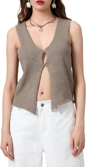 Women Y2k Crochet Vest Top V Neck Sleeveless Button Up Crochet Going Out Tops Solid Color Crop Vest Tops Streetwear