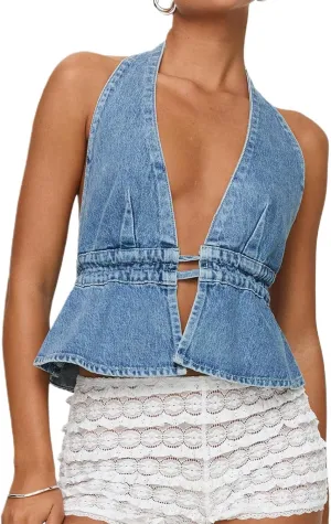 Women Y2k Denim Vest Sexy Deep V Neck Tie Up Front Sleeveless Halter Tank Top Low Cut Tight Fit Cropped Vest