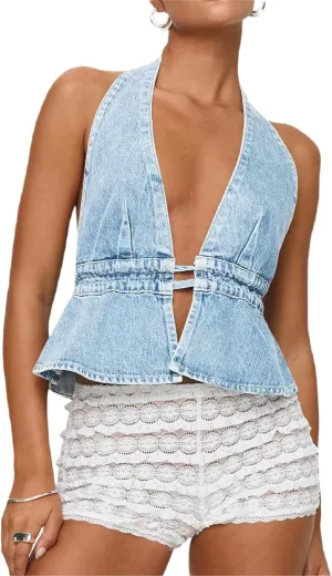 Women Y2k Denim Vest Sexy Deep V Neck Tie Up Front Sleeveless Halter Tank Top Low Cut Tight Fit Cropped Vest