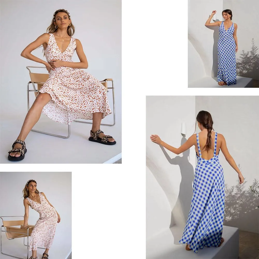 Women Y2k Floral Deep V Neck Maxi Dress, Sleeveless Patchwork Long Dress Going Out Flowy Sundress Trendy Beach Wear