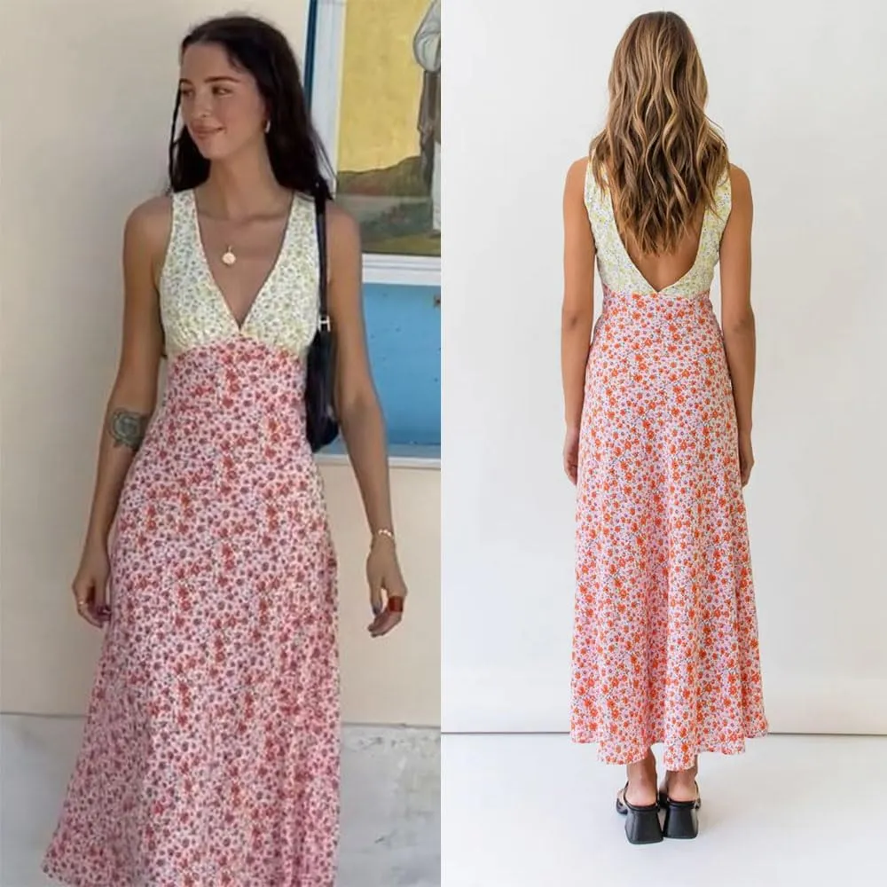 Women Y2k Floral Deep V Neck Maxi Dress, Sleeveless Patchwork Long Dress Going Out Flowy Sundress Trendy Beach Wear