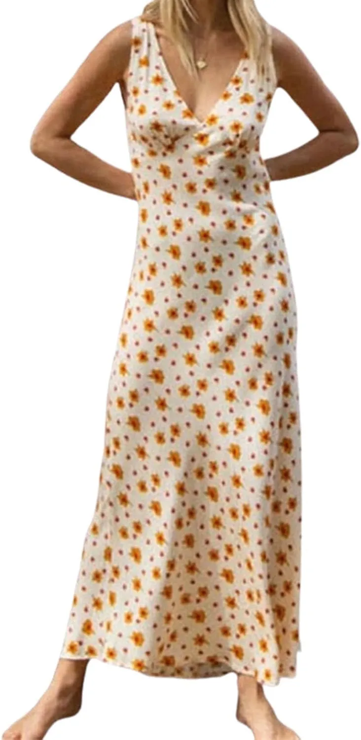 Women Y2k Floral Deep V Neck Maxi Dress, Sleeveless Patchwork Long Dress Going Out Flowy Sundress Trendy Beach Wear