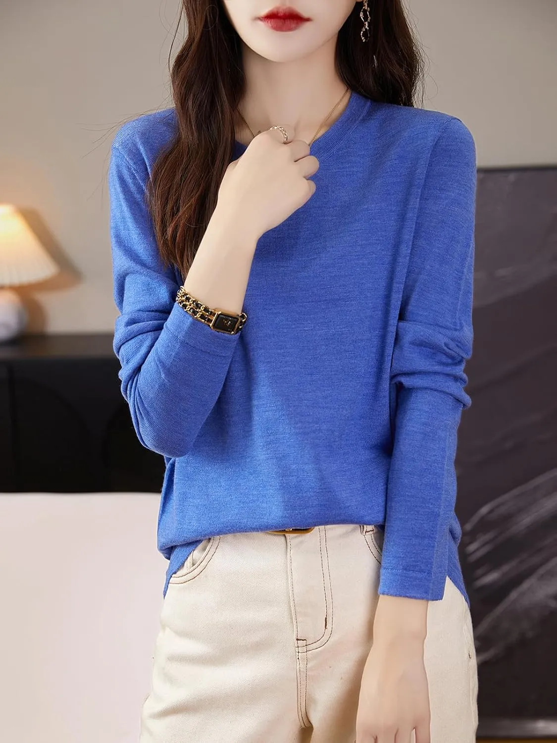 Women's 100% Merino Wool Base Layer Shirt Tops Crewneck Long Sleeve Travel Hiking Tee T Shirt Pullover Sweater