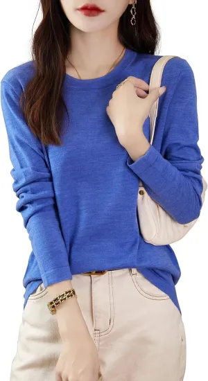 Women's 100% Merino Wool Base Layer Shirt Tops Crewneck Long Sleeve Travel Hiking Tee T Shirt Pullover Sweater