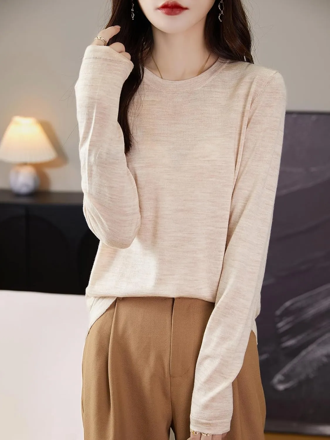 Women's 100% Merino Wool Base Layer Shirt Tops Crewneck Long Sleeve Travel Hiking Tee T Shirt Pullover Sweater
