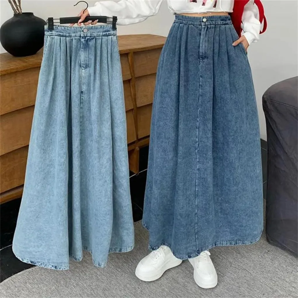 Womens A- Line Denim Skirt High Waisted Vintage Casual Denim Jean Skirt