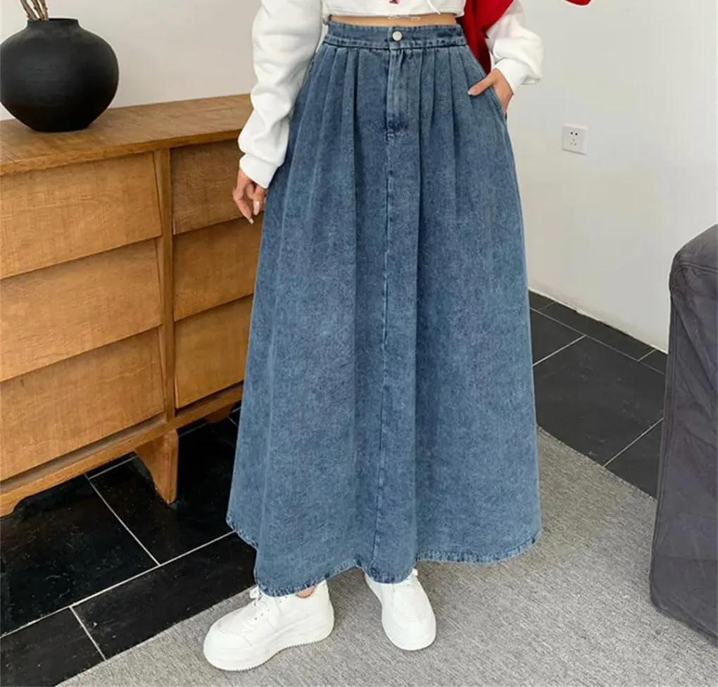 Womens A- Line Denim Skirt High Waisted Vintage Casual Denim Jean Skirt
